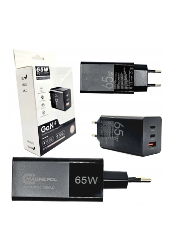 Zasilacz - potrójna szybka ładowarka MAGNEPOL 65W GaN USB C A czarna